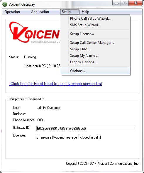 Gateway License Setup Menu